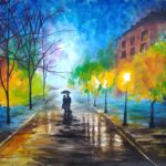 Watercolor Painting of Romantic Couple in The Rain
