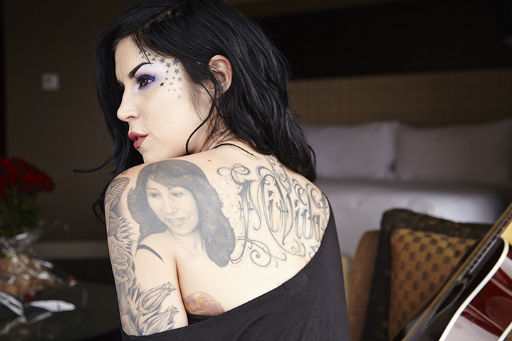 Kat Von D Tattoo Portrait on Shoulder.