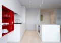 Modern Minimalist Small Kitchen Design Ideas For White Kitchen with Red Accent