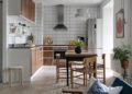 Scandinavian Kitchen Design Ideas with Small Tile Backsplash and Small Wooden Dining Table