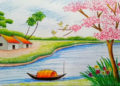 Nature Drawing Ideas of River with Sakura Tree