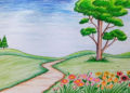 Nature Drawing Ideas of Road in Meadow with Flowers and Tree