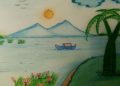 Nature Drawing Simple of Mountain, Sun, Lake and Coconut Tree