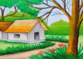 Simple Nature Drawing Ideas of Village House and Yard