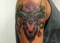 Aries Tattoo Design of Ram with Red Rose For Men