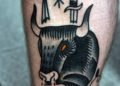 Black Taurus Tattoo For Men on Leg