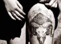 Creative Aries Tattoo Ram Skull For Females on Thigh
