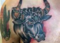 Taurus Tattoo For Men of Old School Bull Design on Shoulder