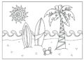 Beach Coloring Pages of Crab, Coconut Tree and Paddle Board