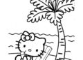 Beach Coloring Pages of Hello Kitty and Coconut Tree