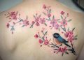 Beautiful Cherry Blossom Tattoo Design with Bird on Back