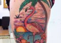 Colorful Flamingo Tattoo Design on Thigh