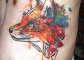 Colorful Geometric Fox Tattoo on Ribs For Men