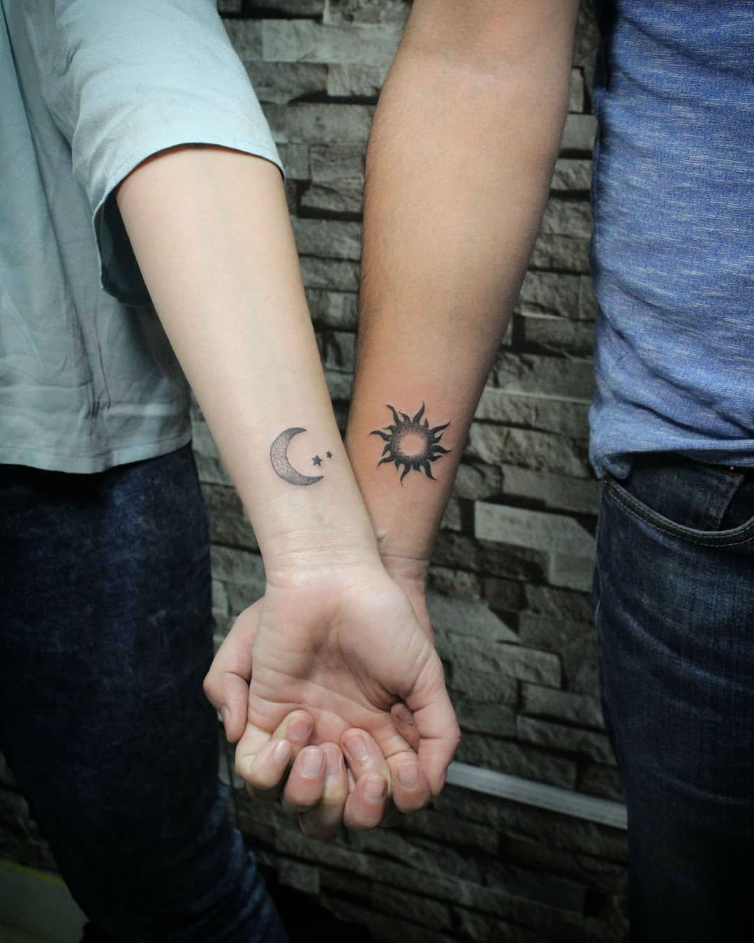 Moon and Sun Tattoo Couple on Hands.